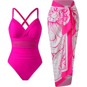 Womens One Piece Tummy Control Swimsuit with Skirt Retro Slimming Mesh Bathing Suit with Wrap Cover Up Set (Pink, L)