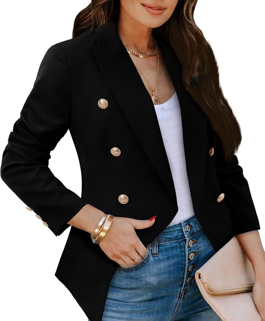 CRAZY GRID Womens Casual Blazer Jacket Gold Button Long Sleeve Work 0ffice Blazer Lapel Open Front Jacket (Large, 1-black)