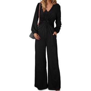 Happy Sailed Jumpsuits for Women Dressy Formal V Neck Twist Front Wedding Guest Jumpsuit Outfits with Pockets (Medium, Black)