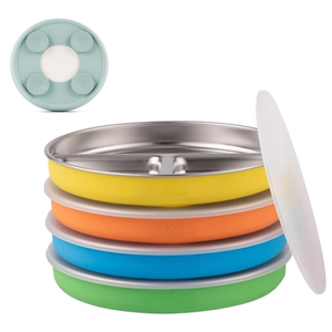 Elk and Friends Stainless Steel Divided Plates with Normal Sleeve for Babies & Toddlers | Lids Included Dinner & Snack Plates | 4 Pack