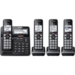 Panasonic Cordless Phone with Advanced Call Block, Link2Cell Bluetooth, One-Ring Scam Alert, and 2-Way Recording, Answering Machine, 4 Handsets - KX-TGF944B (Black)
