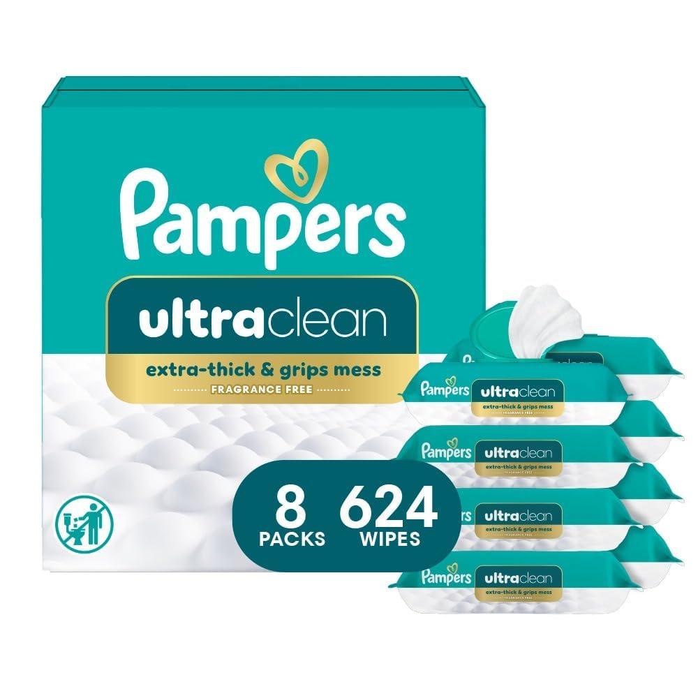 Pampers Ultra Clean Baby Wipes (Previously 'Free & Gentle'), 99% Water, Hypoallergenic, Unscented, 100% Plant Based, Plastic-Free, 624 Baby Wipes Total (8X Flip-Top Packs) 
