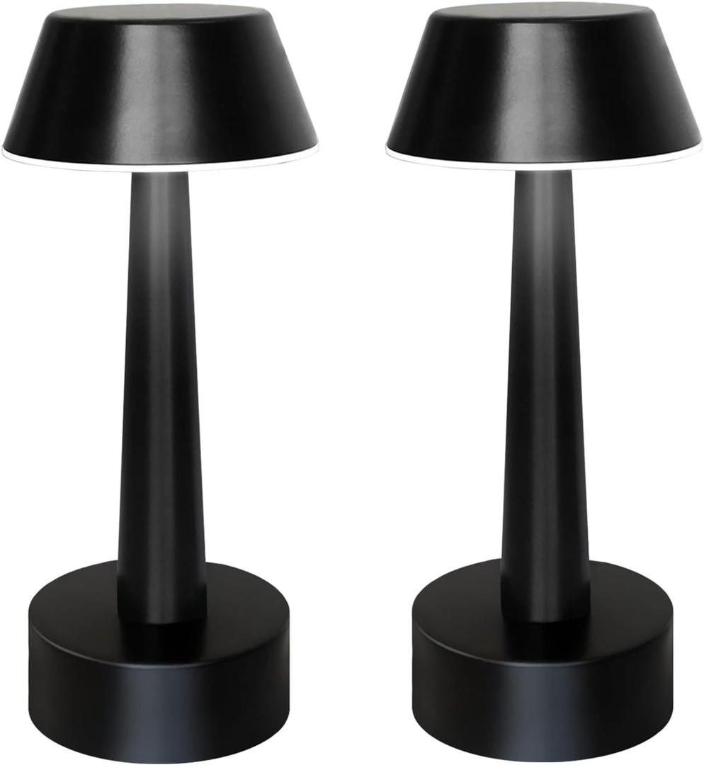 UMEXUS 2 Pack Rechargeable Small Cordless Table Lamp, LED Battery Operated Touch 3 Color Dimming Bedside Nightstand Desk Lamps Metal Portable Night Lights for Bedroom Bar Restaurant Outdoor Black