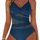 Women's Sexy Mesh Tummy Control Swimsuits V Neck Push Up One Piece Bathing Suits Slimming Swimwear (Blue, XL)