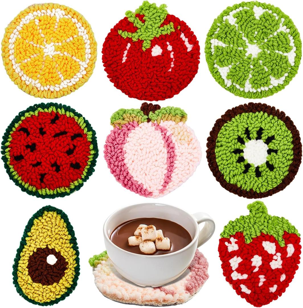 Preboun 8 Pcs Fruit Punch Needle Coaster Kit, Punch Needle Embroidery Kit for Adults Beginners,DIY Craft Supplies Tufted Coasters Including Yarns Hoop Tools