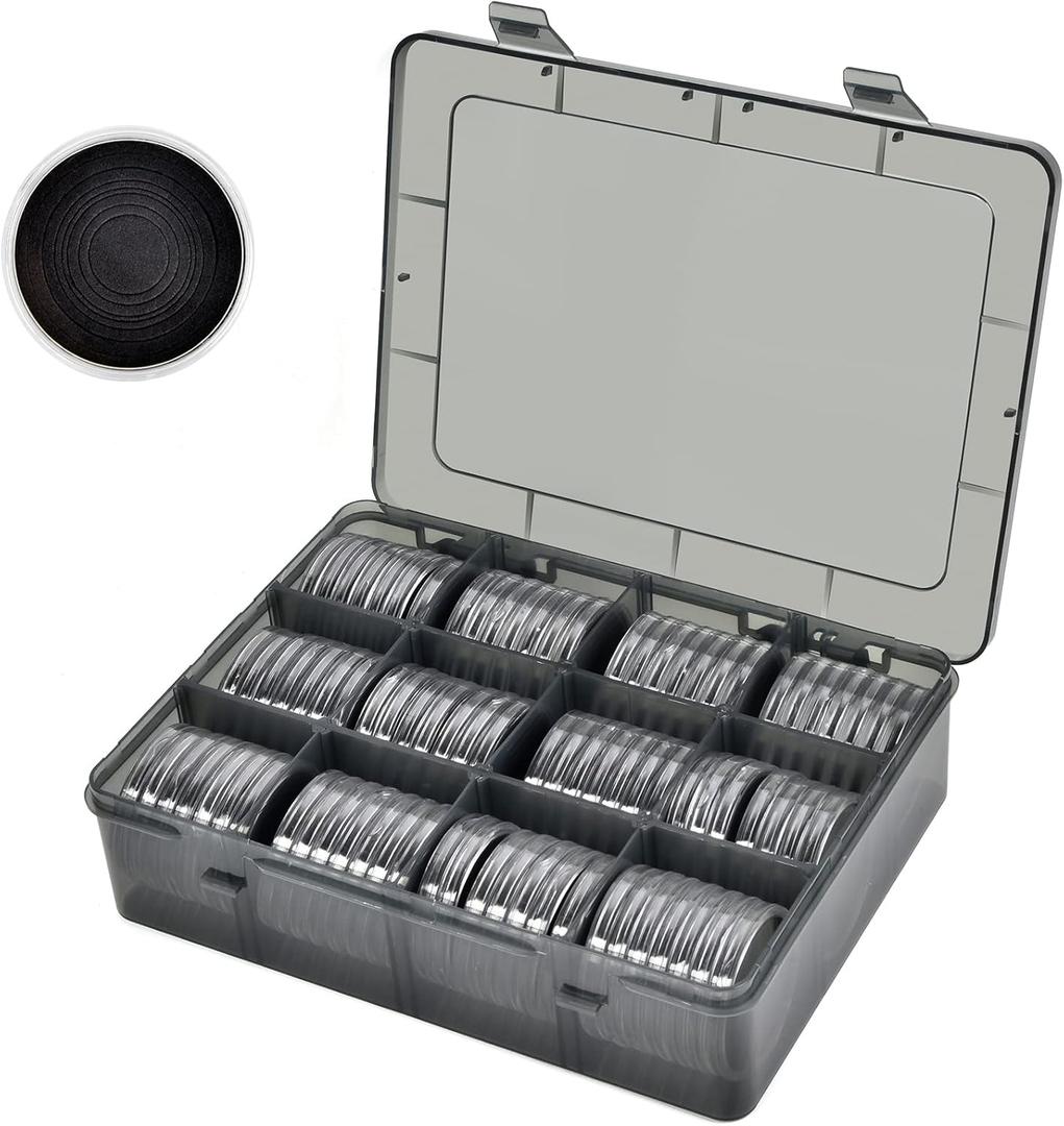 84 Pieces 46 mm Coin Capsules, with Foam Gasket and Plastic Storage Organizer Box, Coins Holder Collector Case for Coin Collection Supplies 7 Sizes (16/20/25/27/30/38/46mm)Gray Case+Black Gasket