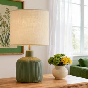 Ceramic Table Lamp, 17.75" Natural Bedside Lamp with Beige Linen Shade, Warm Ambient Nightstand Lighting for Bedroom, Oliver Green