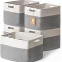 5 Pack Woven Storage Baskets for Shelves, Decorative Basket Closet Organizer Storage Bins for Clothes, Books, Pantry, Bathroom  Cotton Rope Shelf Baskets for Organizing and Decor, Gray & White