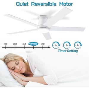 wurzee 60 inch Flush Mount Ceiling Fan Brushed Nickel ceiling fans with lights 6 Speeds DC Reversible Motor, Timing, Dimmable, 5 Blades for Bedroom,Living Room Dining Room Patio, White