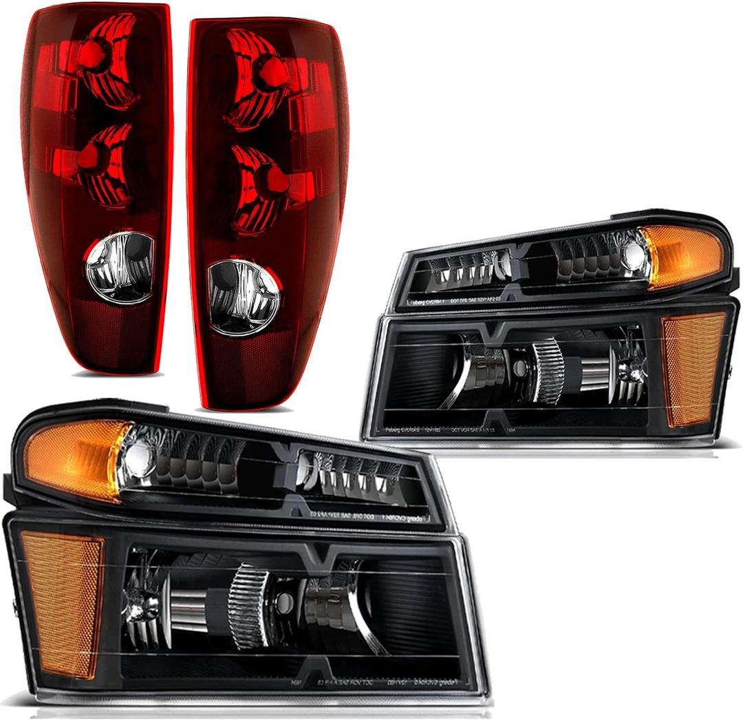 Headlights Tail Lights Compatible with 2004-2012 Chevy Colorado/GMC Canyon, 2006-2008 Isuzu I-Series Replacement Headlight Rear Brake Lamp Assembly, Black Housing Amber Corner, 6pcs