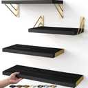 BAYKA Floating Shelves for Bedroom Decor, Wall Shelves for Storage, Wall Mounted Rustic Wood Floating Shelf for Books,Corner Shelf for Bathroom,Kitchen,Living Room(Black and GoldSet of 4) (16-inch Mixed)