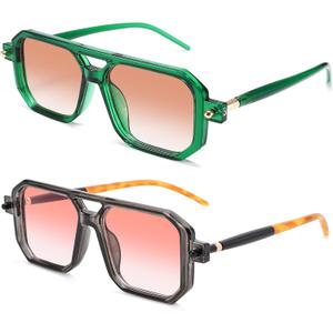 Hycredi Vintage 70s Flat Aviator Sunglasses Women Men Trendy Square Shades Retro Stylish UV400 Sun Glasses (2 Pack Green/Gradient Brown + Gray/Pink)