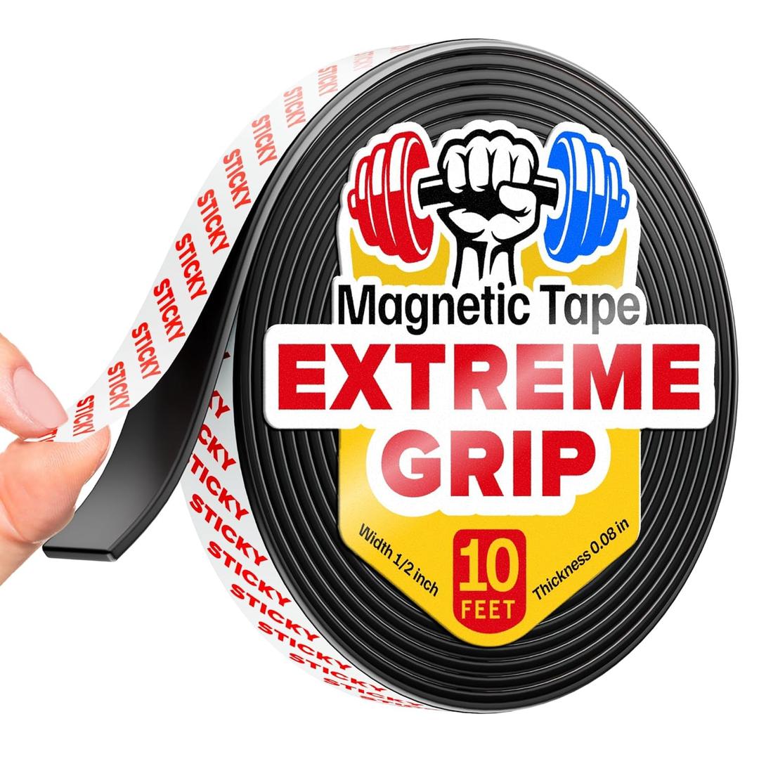 Super Sticky Magnetic Tape (10 feet x 1/2 inch) - Stong Magnet Strip with Adhesive Backing for DIY & Crafts - Easy to Cut and Mount on Fridges, Whiteboards & More