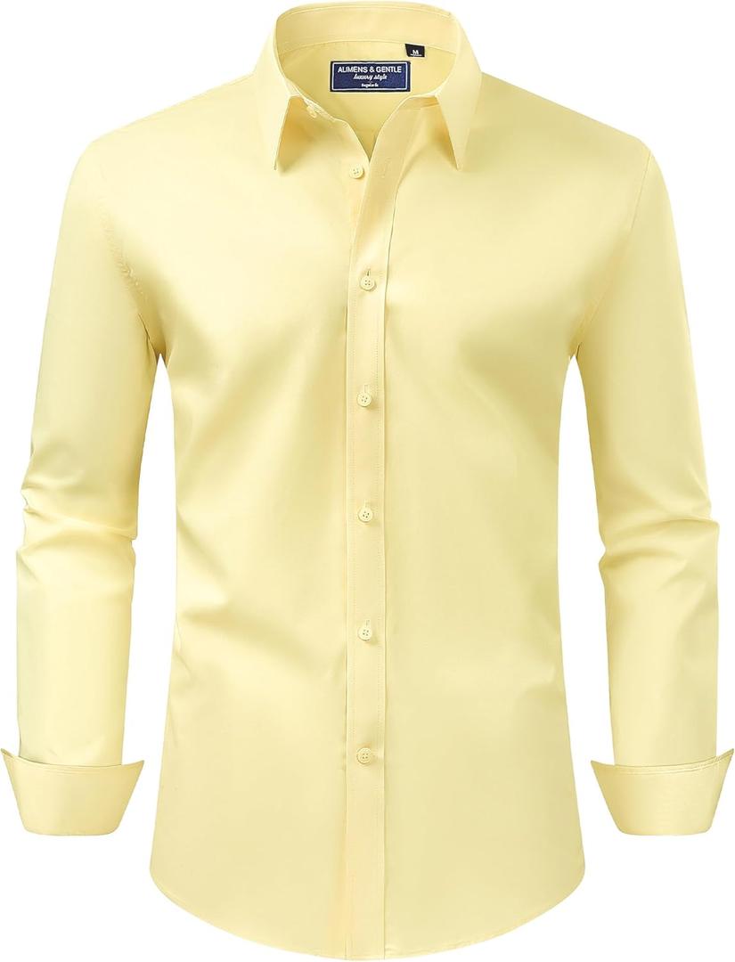 Alimens & Gentle Men's Dress Shirt Regular Fit Stretch Stain Shield Long Sleeve Solid Business Wedding Button Down Shirts (Small, Yellow)