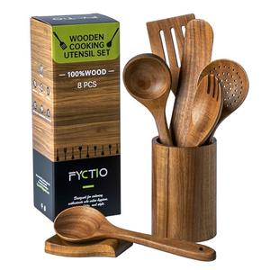 8 PCS Wooden Utensil Set with Holder, Spoon Rest, Durable Wooden Spoons for Cooking, Heat-Resistant, Comfort Grip,Easy to Clean, Non-stick Friendly, Ideal for Gifting