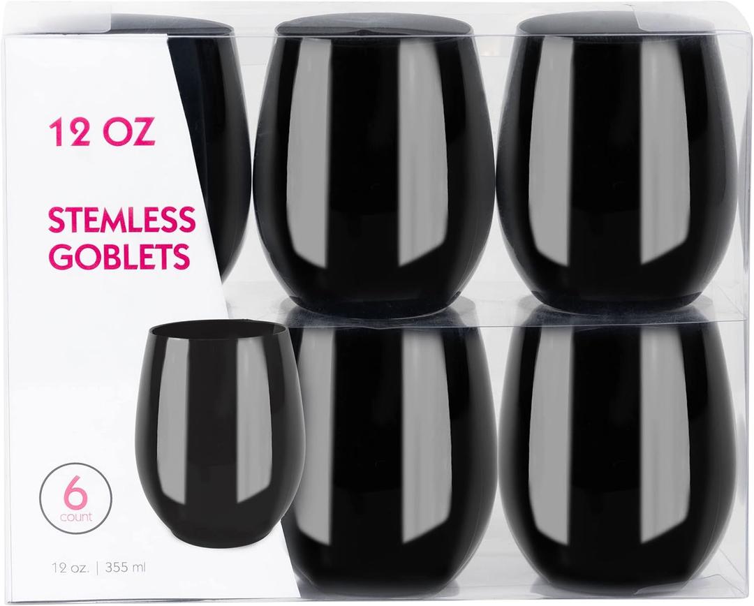 PLASTICPRO 12 Pack Black Plastic Wine Glasses Stemless Disposable 12 oz BPA Free Shatterproof Plastic Wine Cups Wine Glasses for Parties