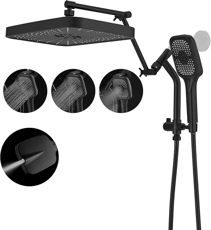 Psylc 14" High Pressure Rain/Rainfall Shower Heads With Handheld Spray Combo (3+1 Settings & Builtin Power Wash Mode), Double/Dual Shower Head With Handheld  Height/Angle Adjustable(Matte Black)