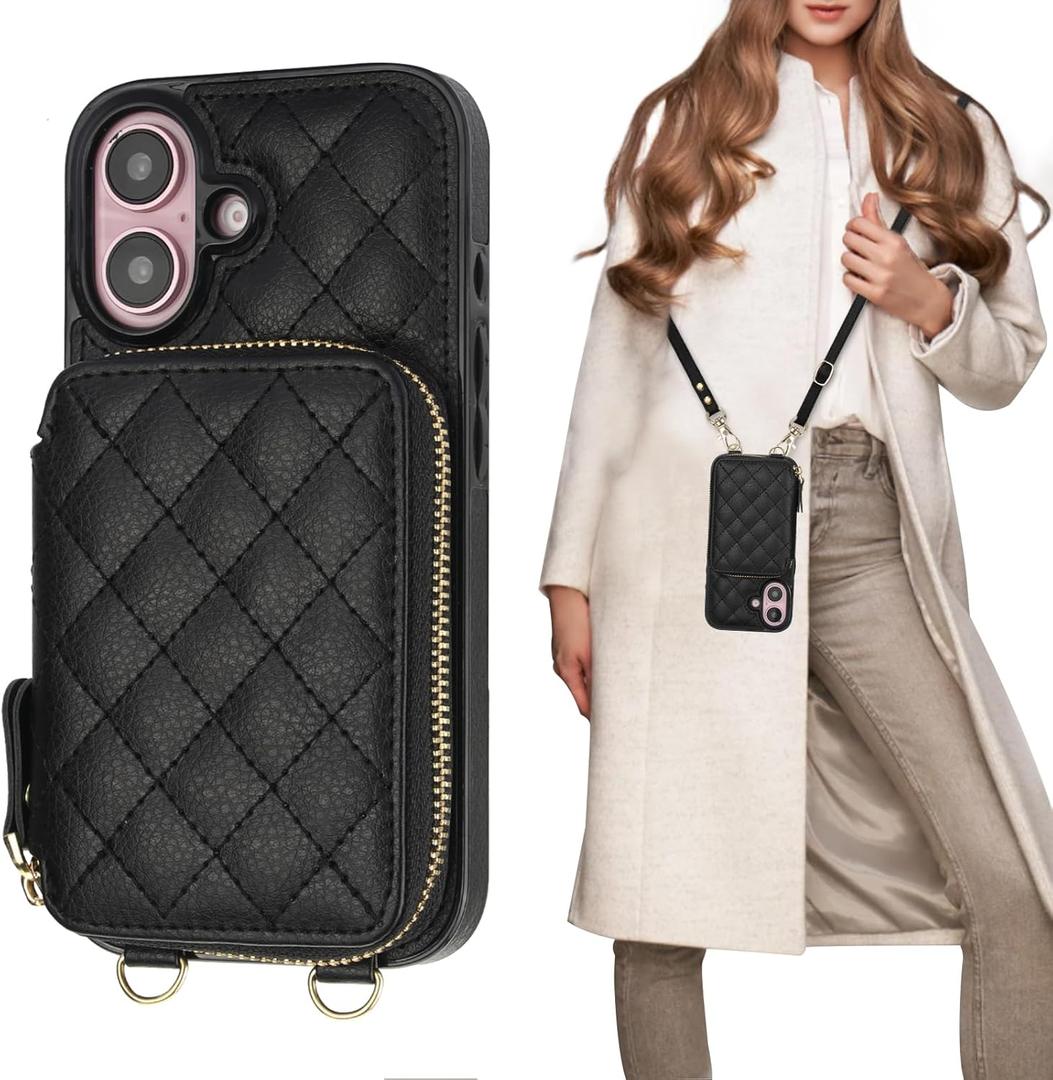 Bocasal Crossbody Wallet Case for iPhone 16, RFID Blocking PU Leather Zipper Handbag Purse Flip Cover, Kickstand Folio Case with Card Slots Holder Wrist Strap Lanyard 5G 6.1 Inch (Black)