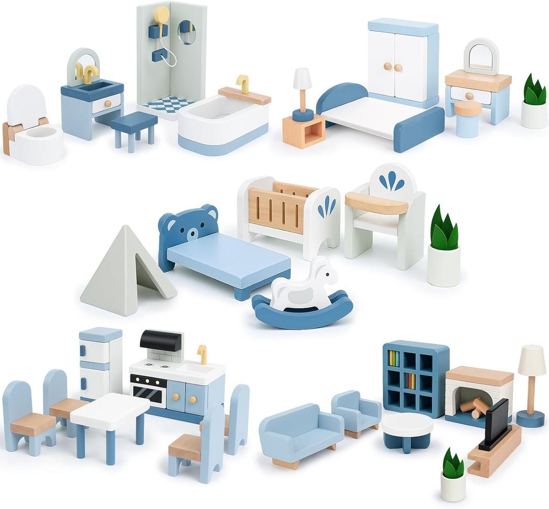 Wooden Dollhouse Furniture Set, Sanlebi Doll House Accessories and Furniture, Miniature Furniture Including 5 Room Kits, Pretend Play Toy Gift for Boys Girls Toddler 3+