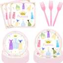 Princess 96Pcs Birthday Party Paper Plates and Napkins for Girls - 24 Dinner Plates, 24 Dessert Plates, 24 Napkins, 24 Plastic Forks - Pink, Cartoon Pattern - Girl Birthday Party Decoration