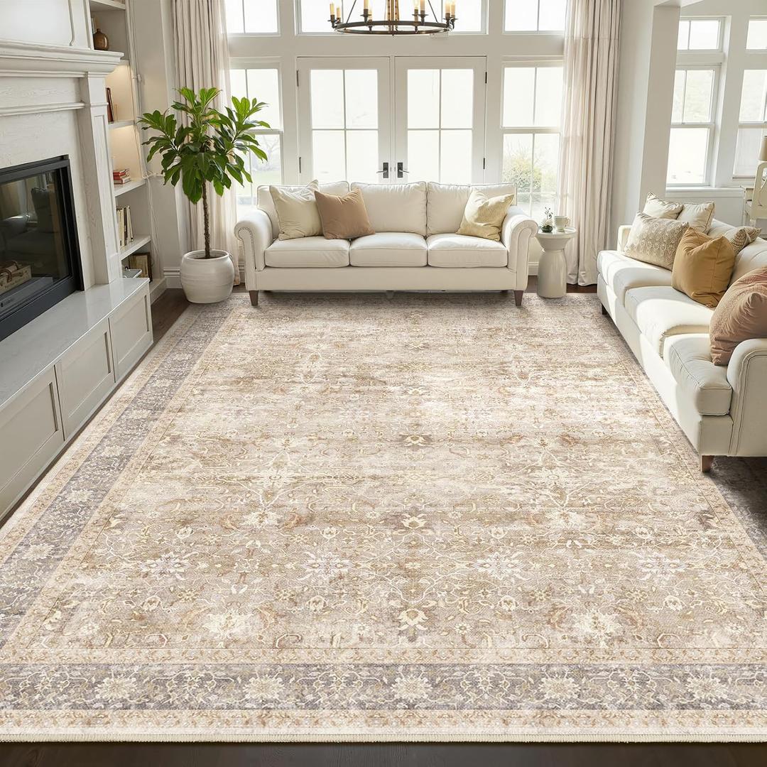 Vintage Beige 8x10 Area Rugs for Living Room, Retro Neutral Earth Tone Carpet Rug for Bedroom Dining Room, Low Pile Thin Washable Non Slip Room Rug for Home Office Playroom Family Room