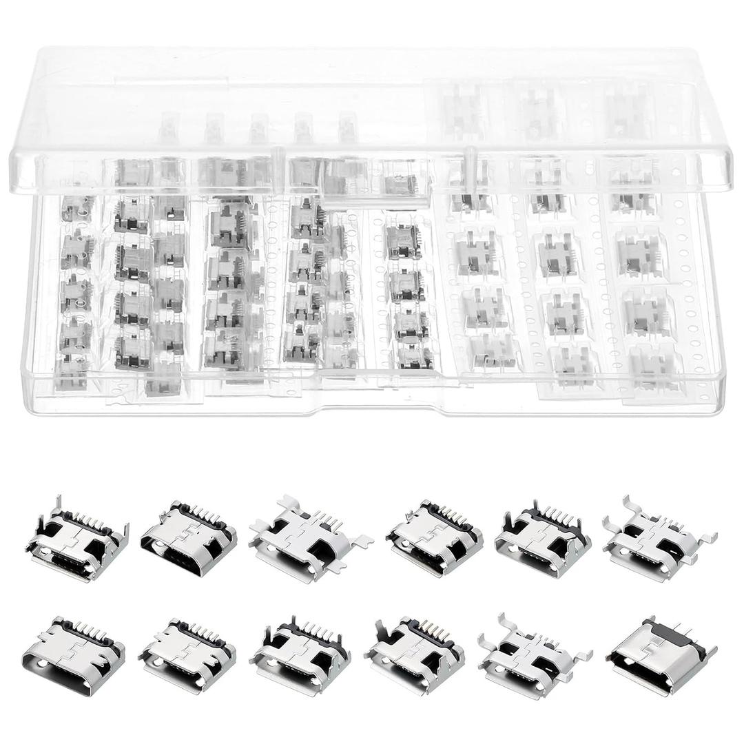 60PCS Micro USB Port Replacement Micro USB Port Kit Female Sockets Connector Repair Replacement Adapter Assortment Set Jack Plug Connector Part for Soldering Repair DIP SMT