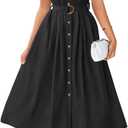 ZESICA Womens Summer Button Midi Dress Casual Work Dresses | Belted Dress,Button Down,Flutter Short Sleeve Dress with Pockets,Travel Vacation Dress,Business Casual Dress,Fashion Clothes (Black)