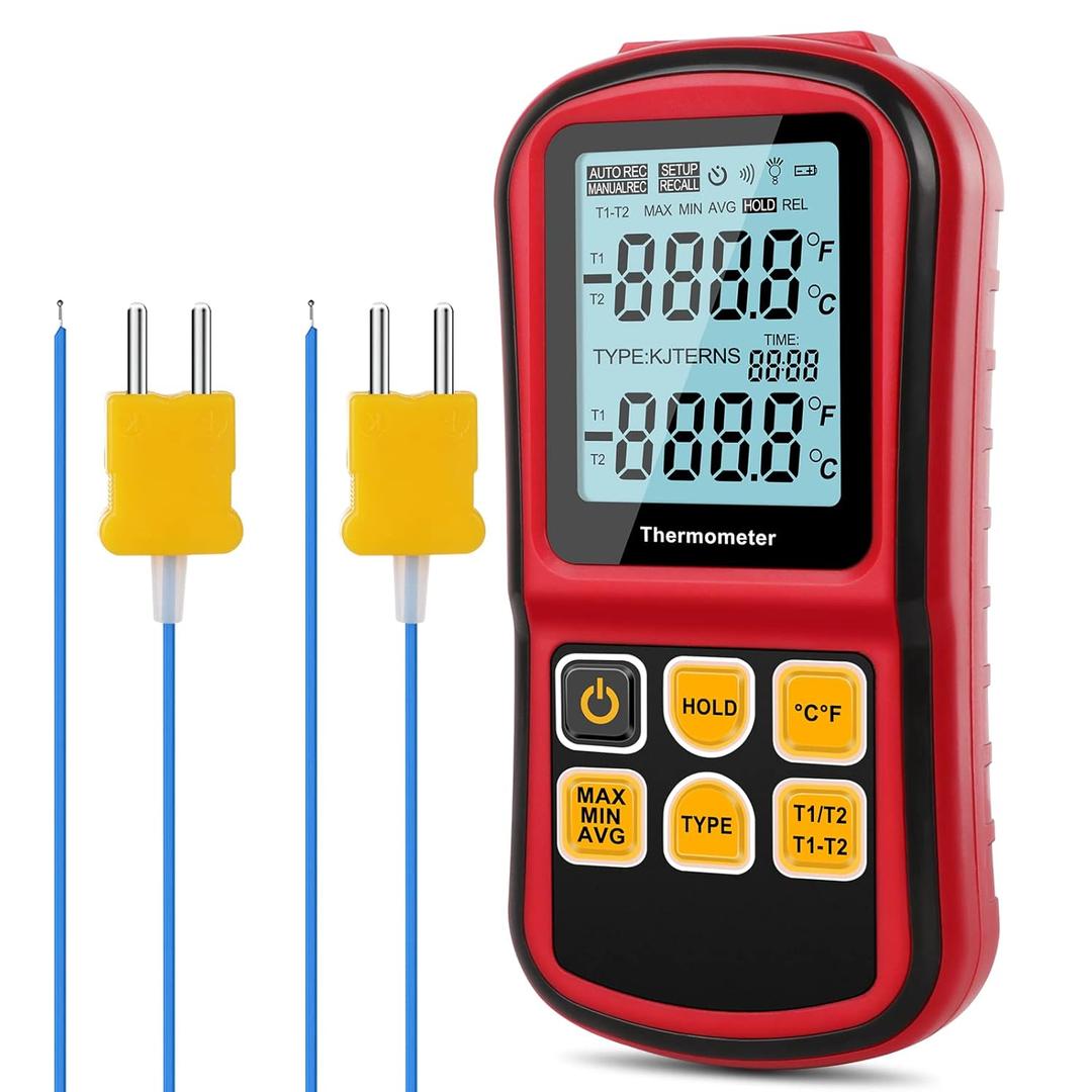 Dual Channel K-Type Thermocouple Thermometer with Two Probes and Backlit LCD Dual Channel K-Type Thermocouple Thermometer with Two Probes and Backlit LCD