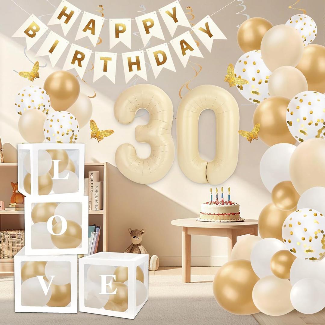 30th Birthday Decorations for Her - 66pcs Birthday Party Balloons Decorations Kit with Happy Birthday Banner for Women with Number 30 Foil Balloon, White Gold Balloons & Butterfly Decals