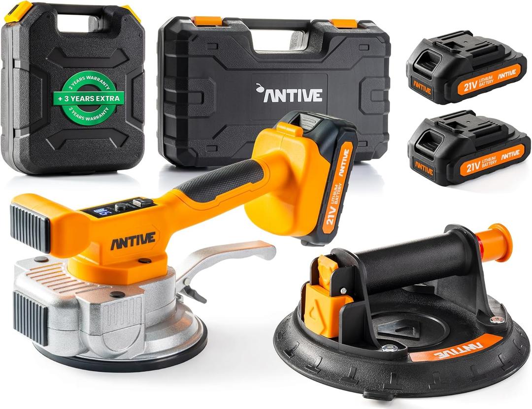 Tile Vibration Tool Pro Set with 21V Batteries & 8 Vacuum Suction Cup  110 lb. Tile Suction Cup Tool Power  9 Tile Vibrator Levels for Leveling Marble, Ceramic, Paver, Granite & Concrete