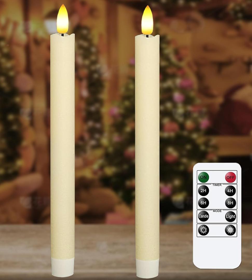 Upgraded Real Wax LED Flameless Taper Candles with Remote, KSWING 2 PCS Ivory Candlesticks Battery Operated 3D Flickering - 9.6" Long Realistic Fake Candle Sticks for Home/Wedding/Fireplace Xmas Decor