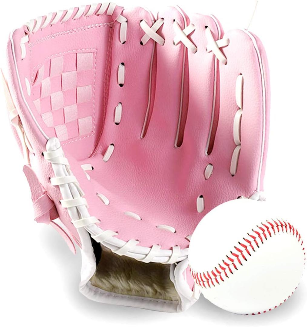 GROOFOO Baseball Glove and Ball for Kids Youth Adults Softball Teeball Training Left/Right Hand Glove with Soft Ball Set Brown/Black/Pink (9.5)