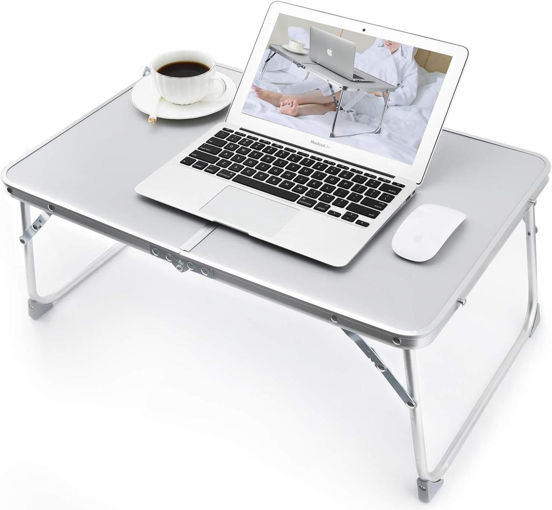 RAINBEAN Foldable Laptop Table for Bed Lightweight Breakfast Bed Tray Portable Mini Picnic Storage Space Standing Holder, Folding Leg Desk Notebook Lap Table for Kids Reading -Silver