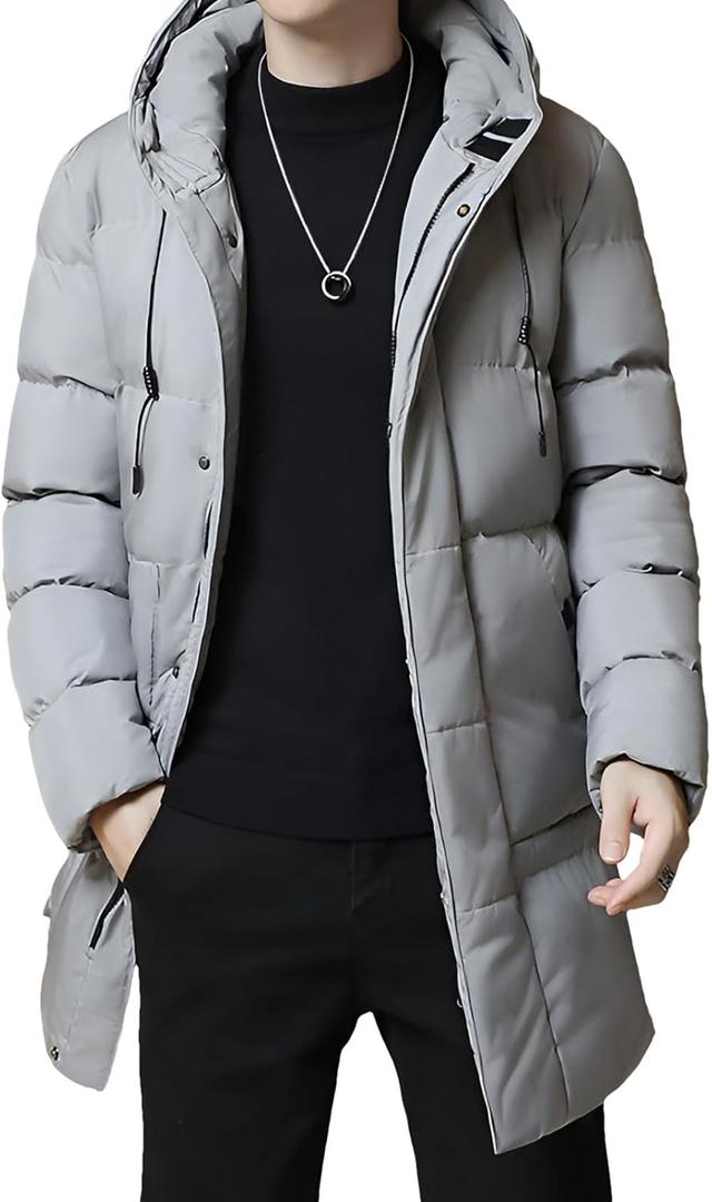 Men's Puffer Jacket Hooded Zip Up Long Coat Warm Quilted Padded Jackets with Pockets (Large, Grey)