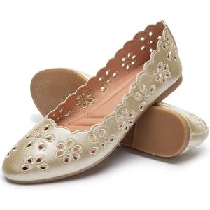 FRACORA Women's Ballet Flats Black PU Leather Dress Shoes Comfortable Round Toe Slip on Flats with Breathable Eyelets (7.5, Gold)