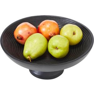 VHC Brands Ribbed Black Wooden Fruit Bowl 5.5x12x12, Kitchen Decor, Decorative Wooden Pedestal Bowl, Perfect Centerpiece for Table, Island, or Counter