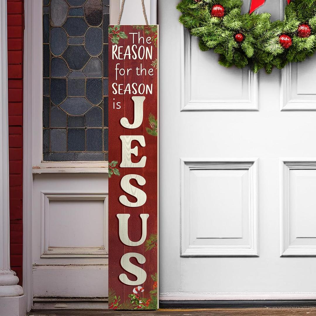 Christmas The Reason For The Season Is Jesus Porch Board Sign Wooden Religious Vertical Sign Christmas Welcome Decor for Front Door Porch Leaner Patio Wall Indoor Outdoor Farmhouse Rustic