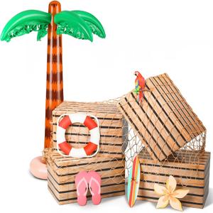 10 Pcs Inflatable Palm Tree Set Giant Blow up Palm Tree Fake Wooden Boxes Natural Fishing Net Luau Party Decorations Hawaiian Tropical Birthday Party Decorations for Beach Ocean Jungle Decor