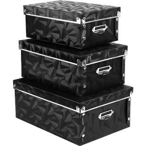 XUCHUN Foldable Storage Boxes with Lids 3 Pack Plastic Collapsible Storage Bins with Handles for Clothes, Cosmetic,Books (Black 3 pcs)