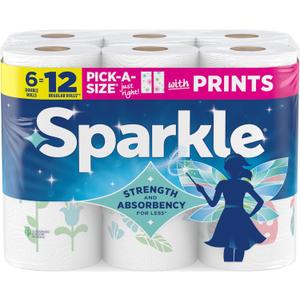 Sparkle Pick-A-Size Paper Towels, Spirited Print Design, 6 Double Rolls (660 Sheets Total) - Strong 2-Ply Towels for Kitchen Cleanup and Everyday Messes