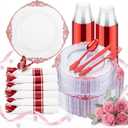 Hioasis 350pcs Clear and Red Plates - Red Party Plates for 50 Guest, Include 100 Heavy-duty Plates(20% Thicker Than Standard), 50 Pre Rolled Gold Plastic Silverware Set, 50 Cups for Mothers Day