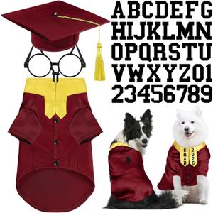 Huhumy 5 Pcs Dog Graduation Costume Set Include 2026 Pet Graduation Gown with Stole Puppy Grad Cap Lensless Glasses DIY Letter Stickers for Dogs Cats Holiday Costume Accessory(Maroon Yellow,XL)