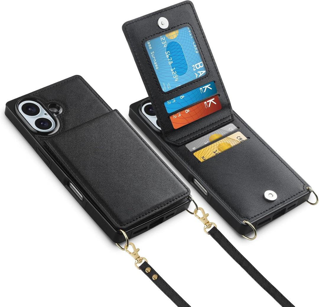 Vofolen for iPhone 16 Case Wallet with Card Holder Crossbody Lanyard Strap Leather with Magnetic Clasp Kickstand Heavy Duty Shockproof Protective Flip Cover for iPhone 16 Phone Case for Women, Black