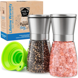 Home EC Original Stainless Steel Sea Salt and Pepper Grinder Set of 2 - Adjustable Ceramic - Glass Salt and Pepper Shakers - Kitchen Pepper Mill & Salt Mill W/Funnel & EBook