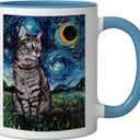 Gray Tabby Tiger Cat Starry Night Moon and Stars Artwork Ceramic Mug, Blue/White
