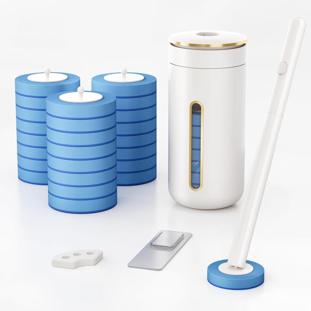 Disposable Toilet Brush with 32 Refill Heads and Holder- Clean Brush Starter Kit with 1 Toilet Wand, 1 Storage Caddy and 1 Fragrant Tablet (1 + 32) (White)
