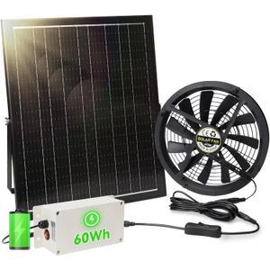 Solar Exhaust Fan with Battery, 40W 10" Solar Powered Fans for Greenhouse with 60Wh Battery Run Day & Night, Solar Vent Fan for Shed Chicken Coop Dog House Outside, Waterproof & Low Noise