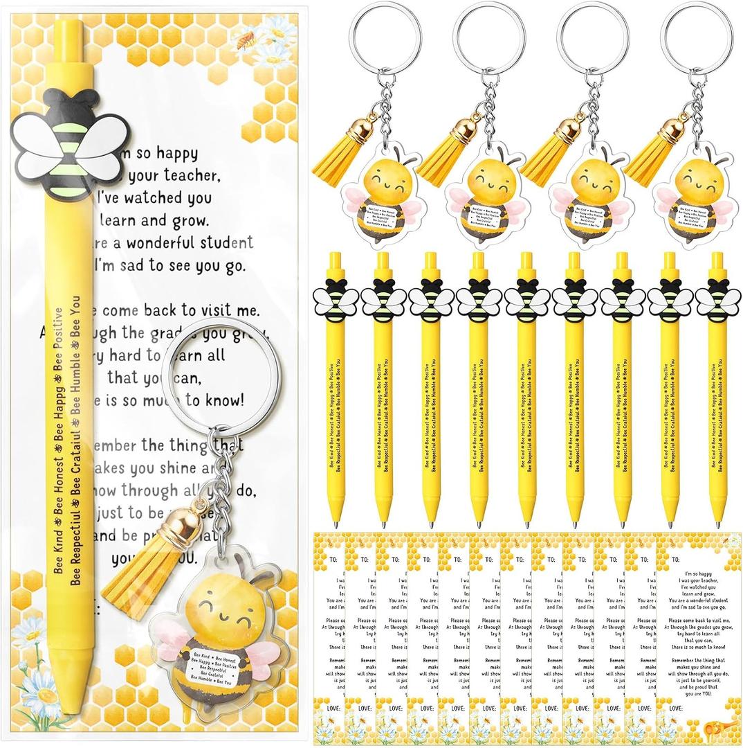 Qilery 12 Sets 2026 Graduation Gift for College Funny Bee Themed Keychain Ballpoint Pen with Card End of Year Gifts to Student from Teacher for High School College Congrats Party Supplies Bee Decor