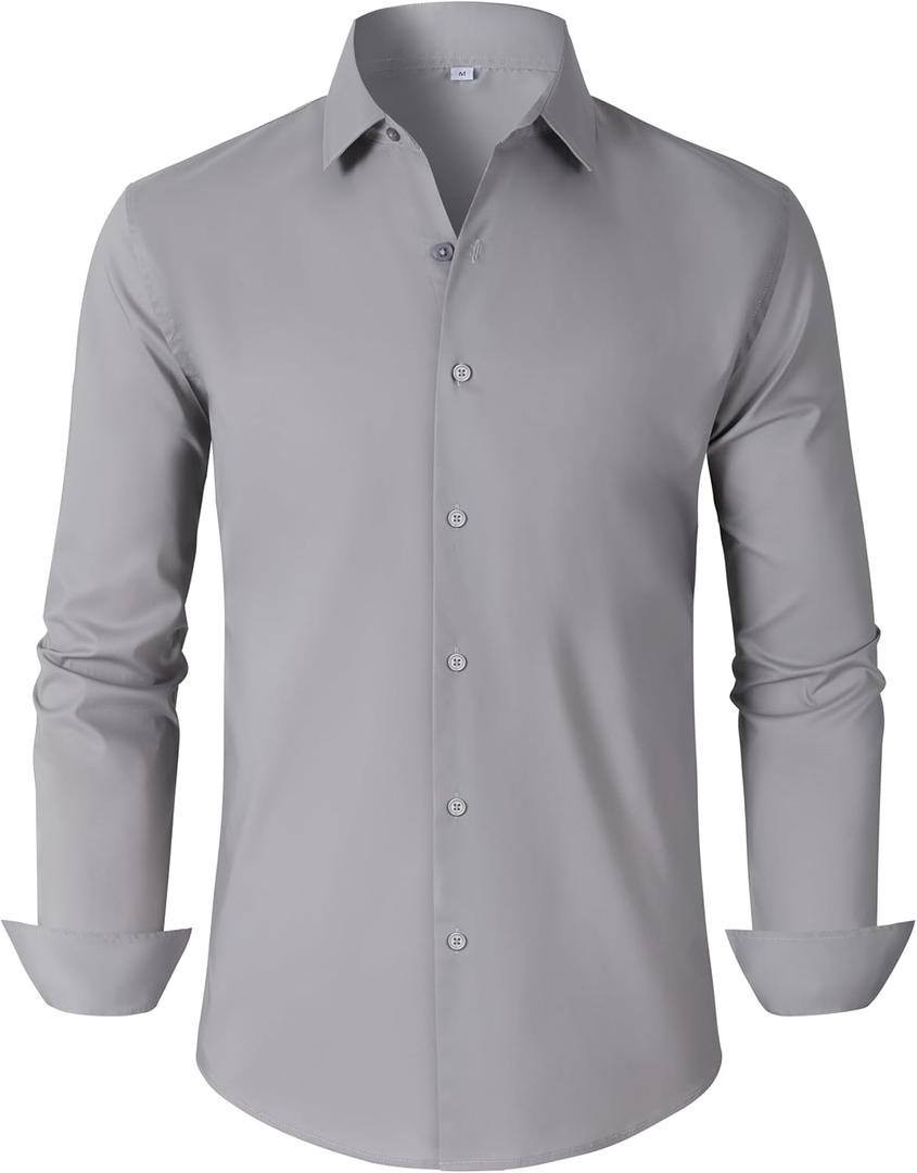 Mens Dress Shirts for Men Long Sleeve Wrinkle Free Button Down Shirt Formal Business Casual Shirts (Large, Grey)