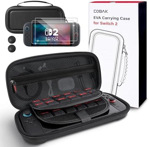 CoBak Large Capacity Carrying Case for Nintendo Switch 2 (2025) - 3 in 1 Accessories Bundle with 2 Screen Protectors, Thumb Grip Caps, 24 Game Cartridges, Hard Shell Portable Travel Pouch, Black